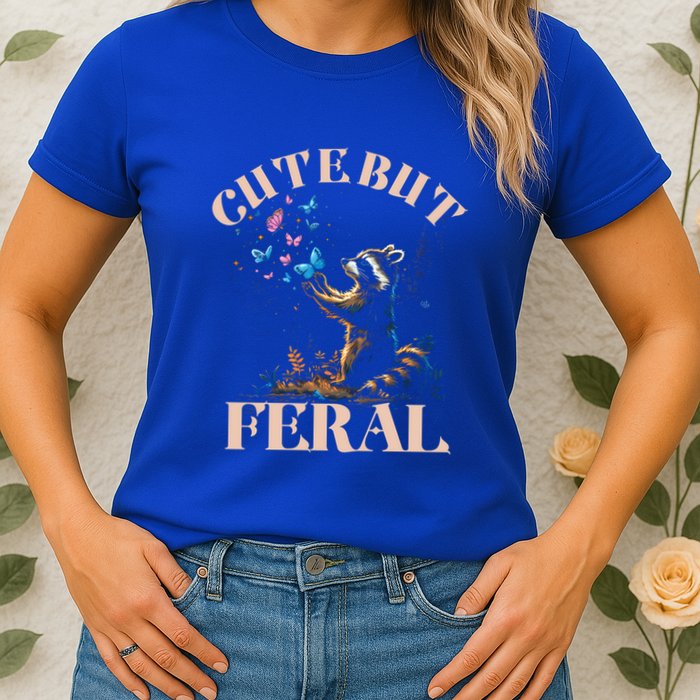 Cute But Feral Funny Raccoon Catching Butterfly Summer Gift Womens T-Shirt