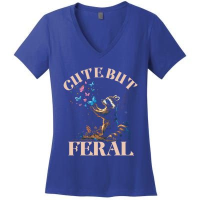 Cute But Feral Funny Raccoon Catching Butterfly Summer Gift Women's V-Neck T-Shirt