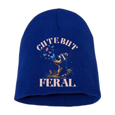 Cute But Feral Funny Raccoon Catching Butterfly Summer Gift Short Acrylic Beanie