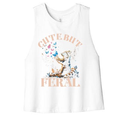 Cute But Feral Funny Raccoon Catching Butterfly Summer Gift Women's Racerback Cropped Tank