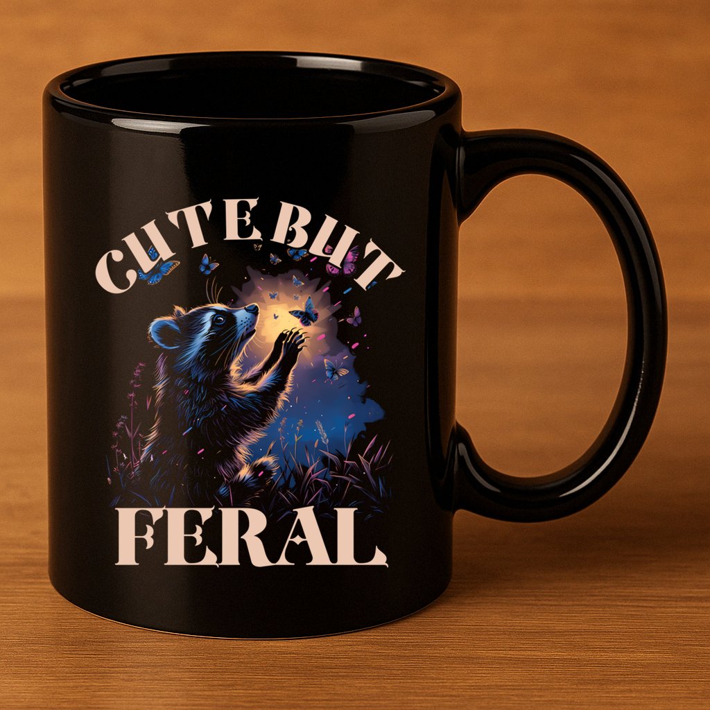 Cute But Feral Funny Raccoon Catching Butterfly Summer Great Gift 11oz C Handle Ceramic Mug