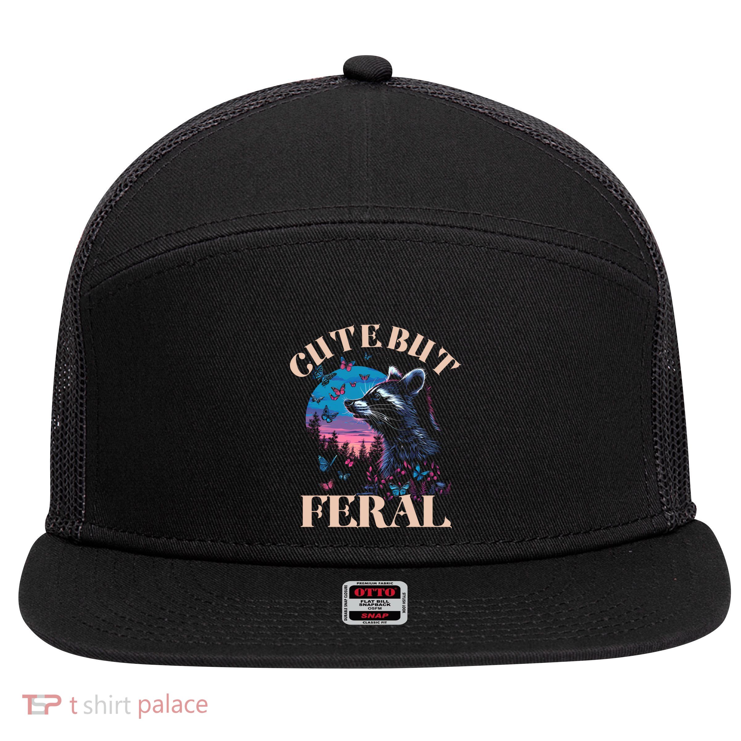 Cute But Feral Funny Raccoon Catching Butterfly Summer Gift 7 Panel Mesh Trucker Snapback Hat