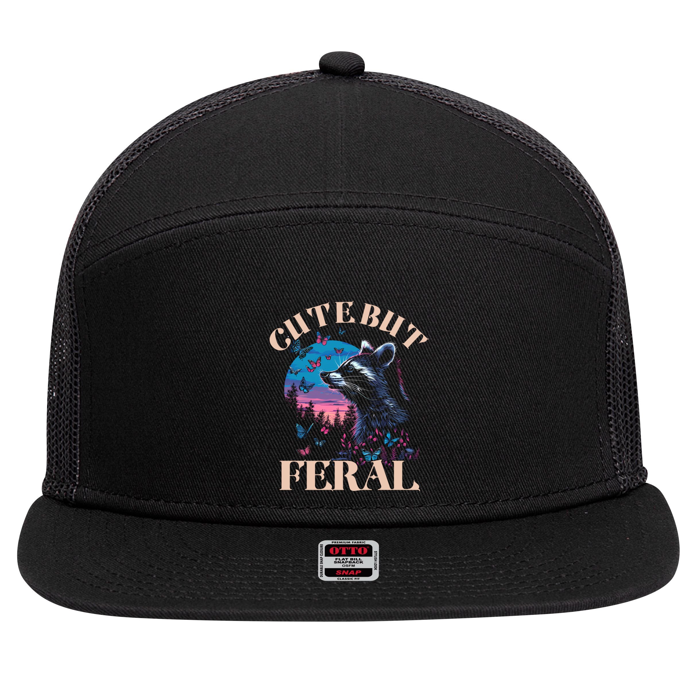 Cute But Feral Funny Raccoon Catching Butterfly Summer Gift 7 Panel Mesh Trucker Snapback Hat