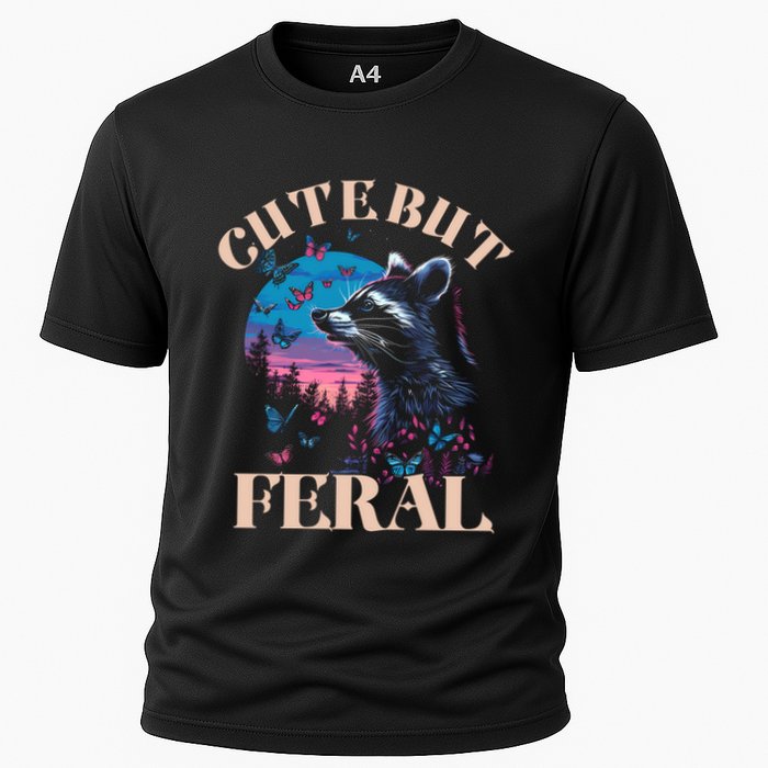 Cute But Feral Funny Raccoon Catching Butterfly Summer Gift Cooling Performance Crew T-Shirt