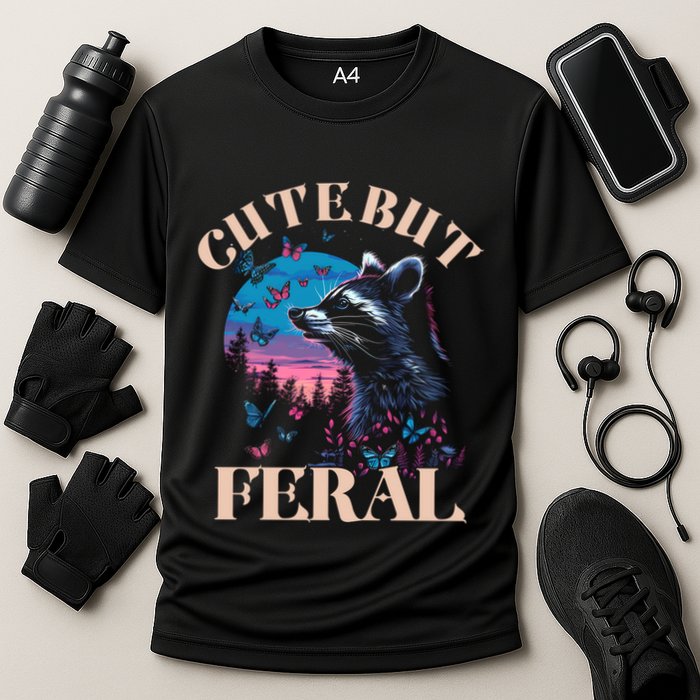 Cute But Feral Funny Raccoon Catching Butterfly Summer Gift Cooling Performance Crew T-Shirt