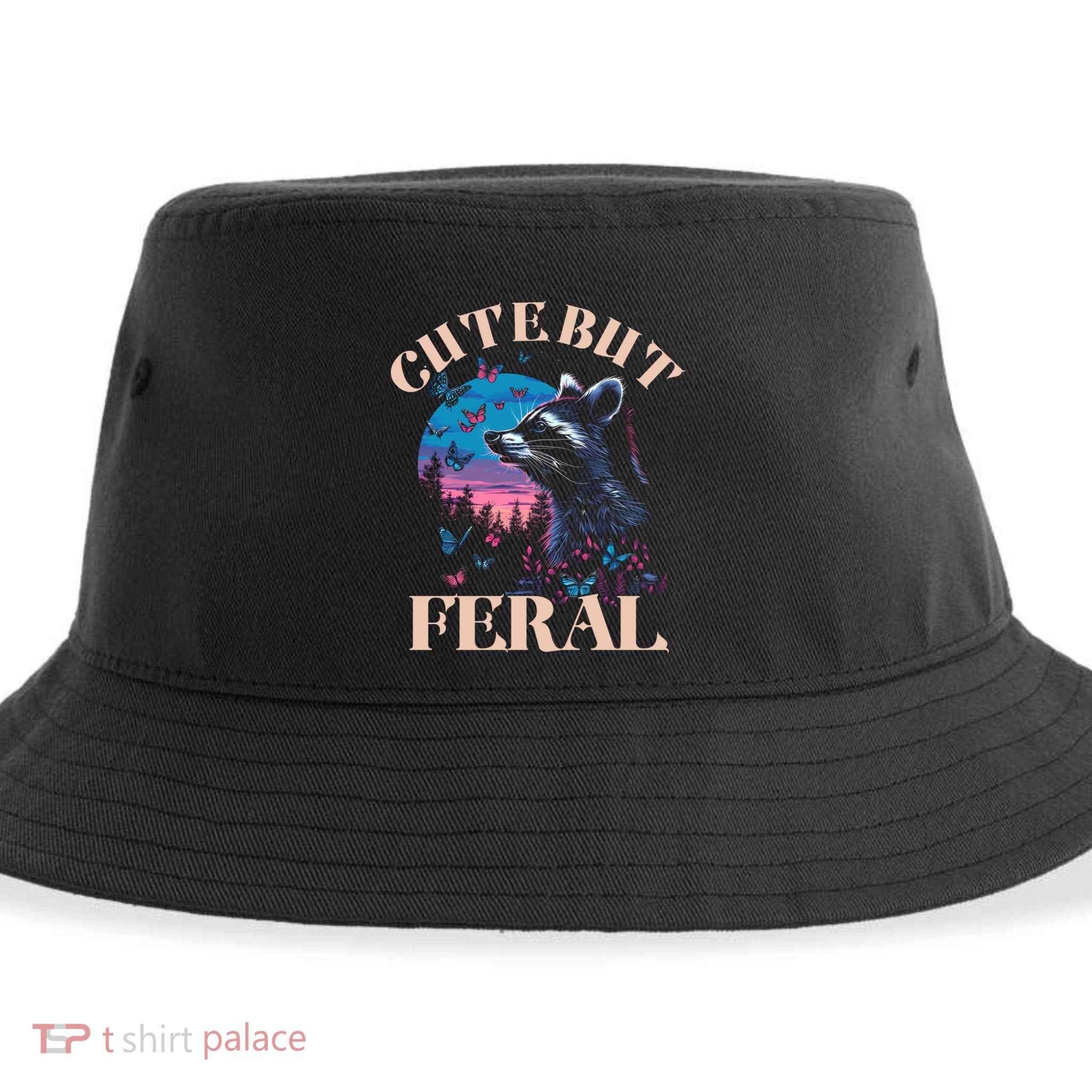 Cute But Feral Funny Raccoon Catching Butterfly Summer Gift Sustainable Bucket Hat