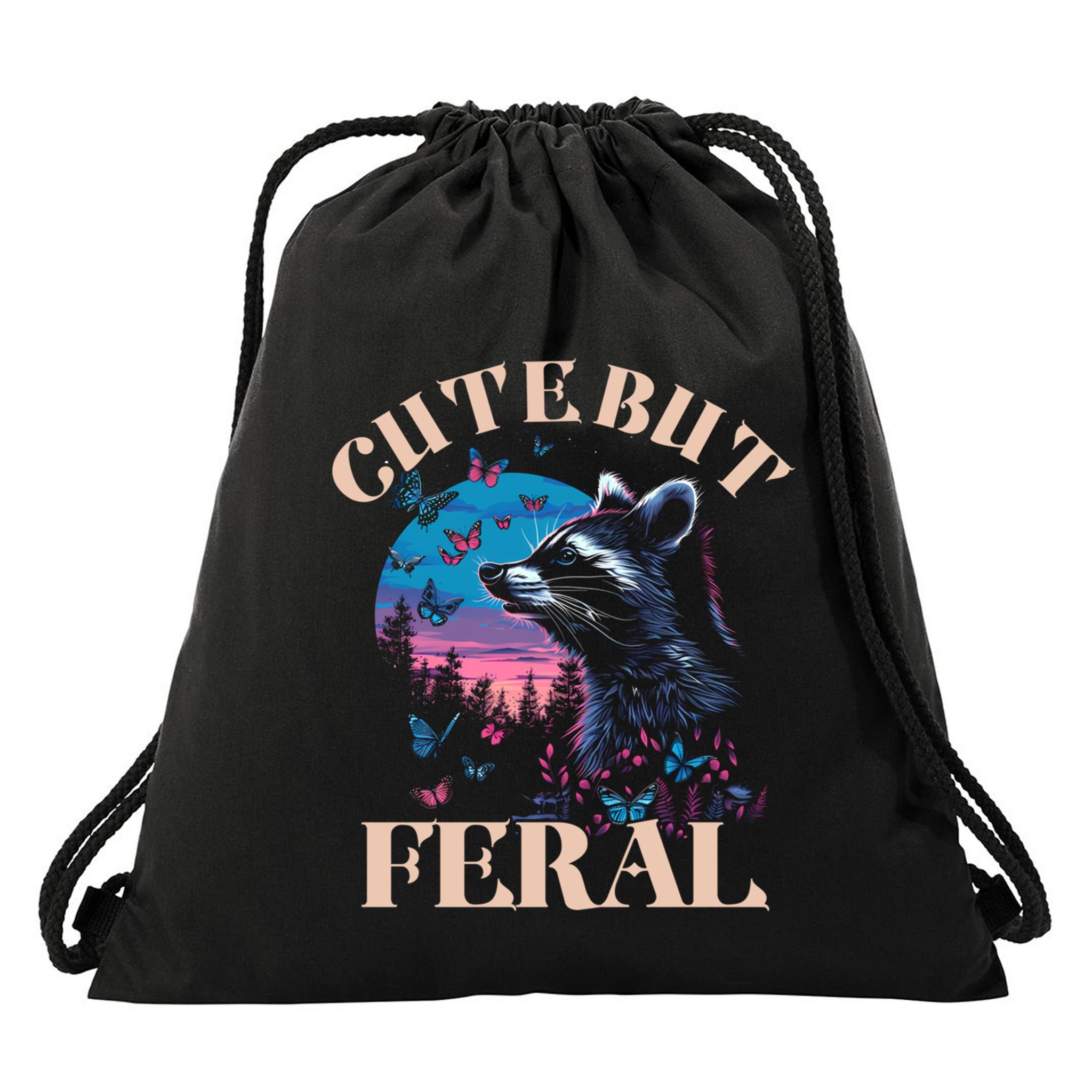 Cute But Feral Funny Raccoon Catching Butterfly Summer Gift Drawstring Bag
