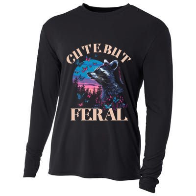 Cute But Feral Funny Raccoon Catching Butterfly Summer Gift Cooling Performance Long Sleeve Crew
