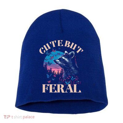 Cute But Feral Funny Raccoon Catching Butterfly Summer Gift Short Acrylic Beanie