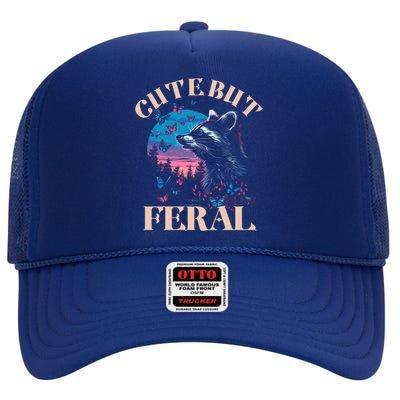 Cute But Feral Funny Raccoon Catching Butterfly Summer Gift High Crown Mesh Back Trucker Hat