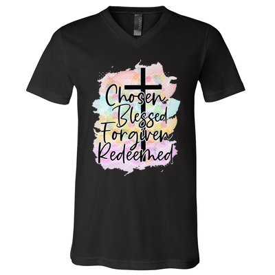 Chosen Blessed Forgiven Redeemed Christian Cross Jesus Cute V-Neck T-Shirt