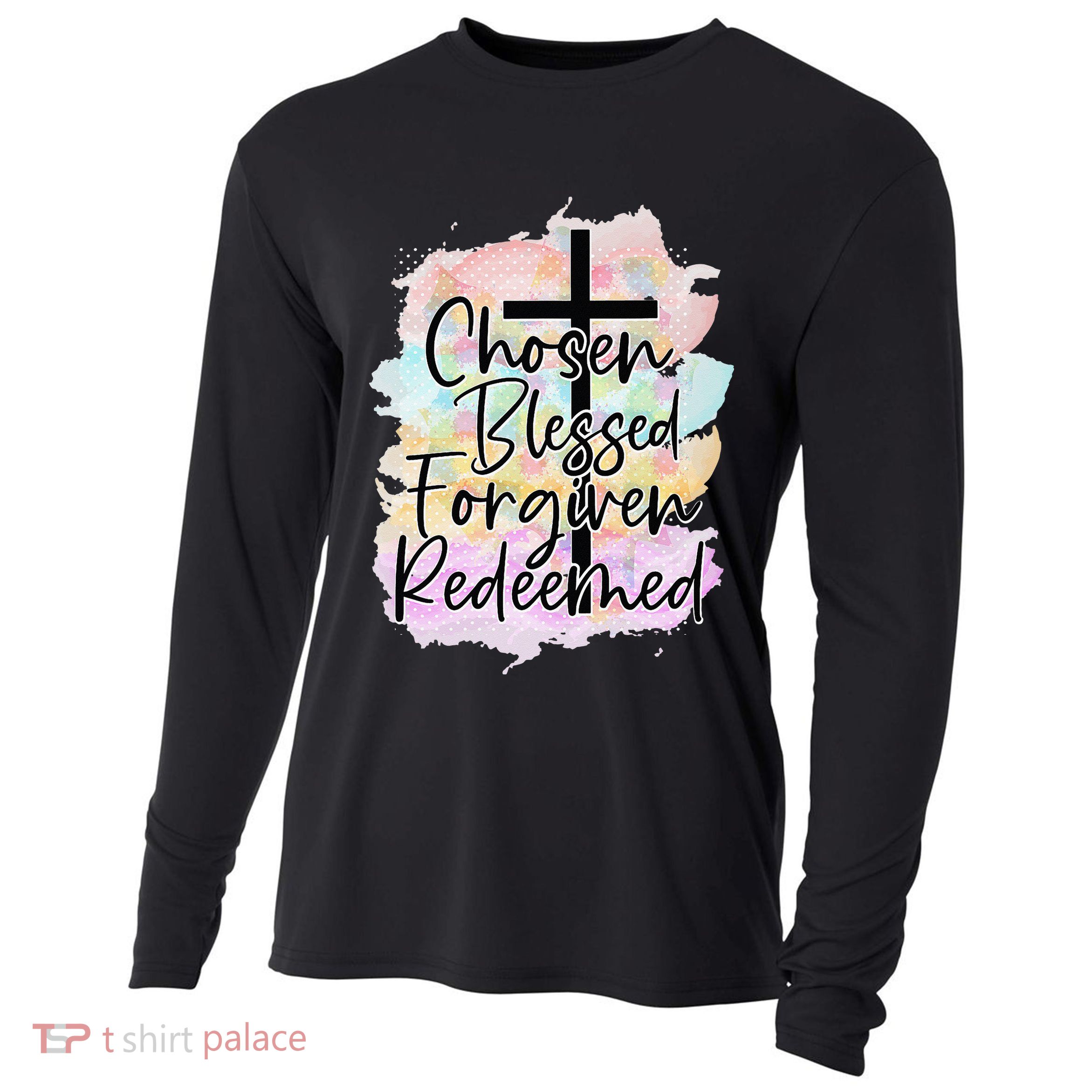 Chosen Blessed Forgiven Redeemed Christian Cross Jesus Cute Cooling Performance Long Sleeve Crew