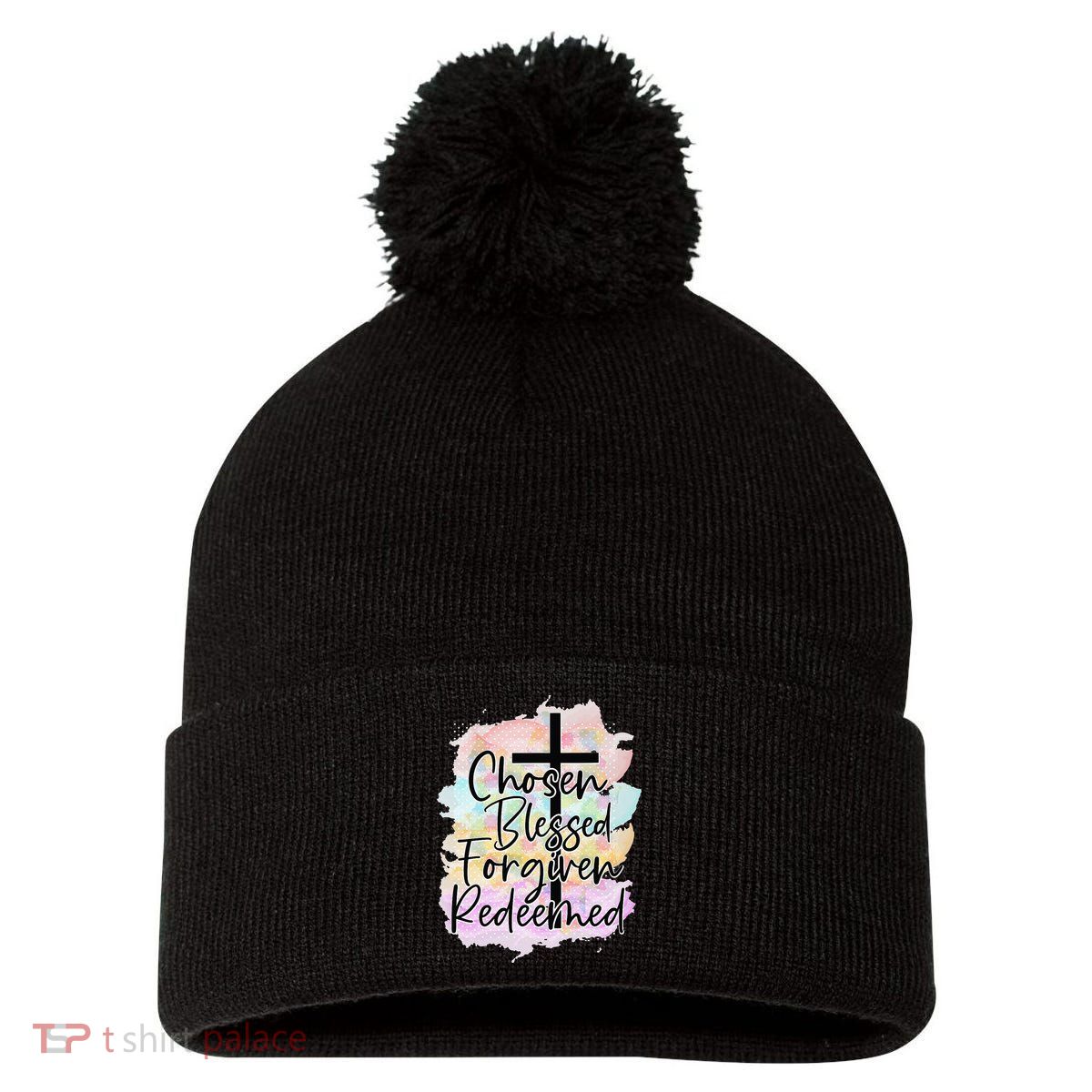 Chosen Blessed Forgiven Redeemed Christian Cross Jesus Cute Pom Pom 12in Knit Beanie
