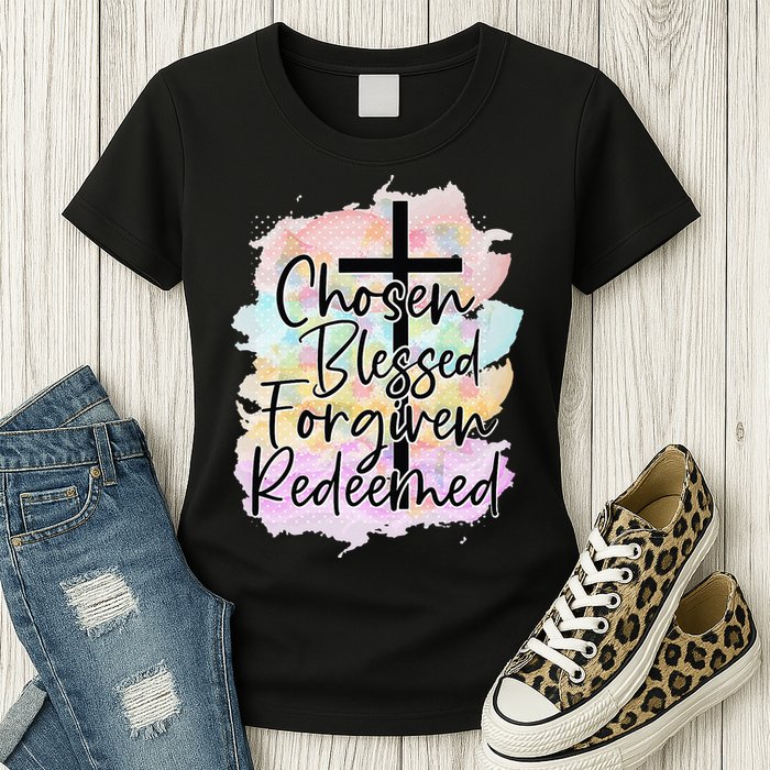 Chosen Blessed Forgiven Redeemed Christian Cross Jesus Cute Womens T-Shirt