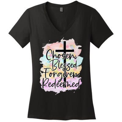 Chosen Blessed Forgiven Redeemed Christian Cross Jesus Cute Women's V-Neck T-Shirt