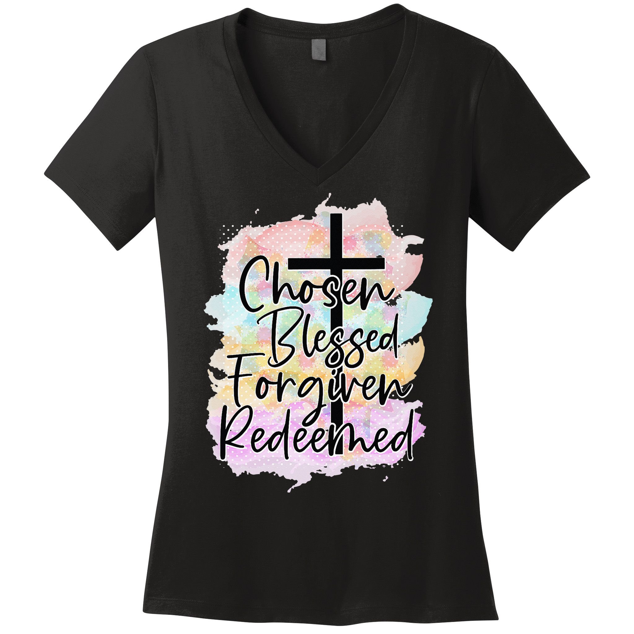 Chosen Blessed Forgiven Redeemed Christian Cross Jesus Cute Women's V-Neck T-Shirt