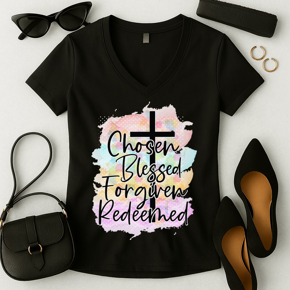 Chosen Blessed Forgiven Redeemed Christian Cross Jesus Cute Women's V-Neck T-Shirt