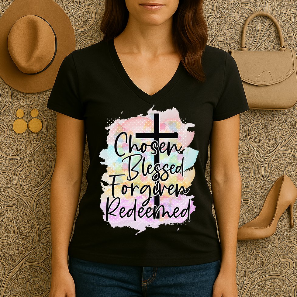 Chosen Blessed Forgiven Redeemed Christian Cross Jesus Cute Women's V-Neck T-Shirt