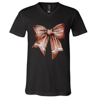 Coquette Bow Funny Football Lover Game Day Football Mom Mama V-Neck T-Shirt