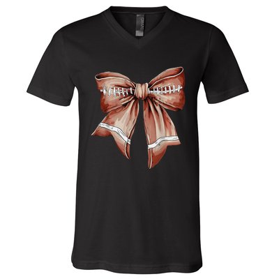 Coquette Bow Funny Football Lover Game Day Football Mom Mama V-Neck T-Shirt