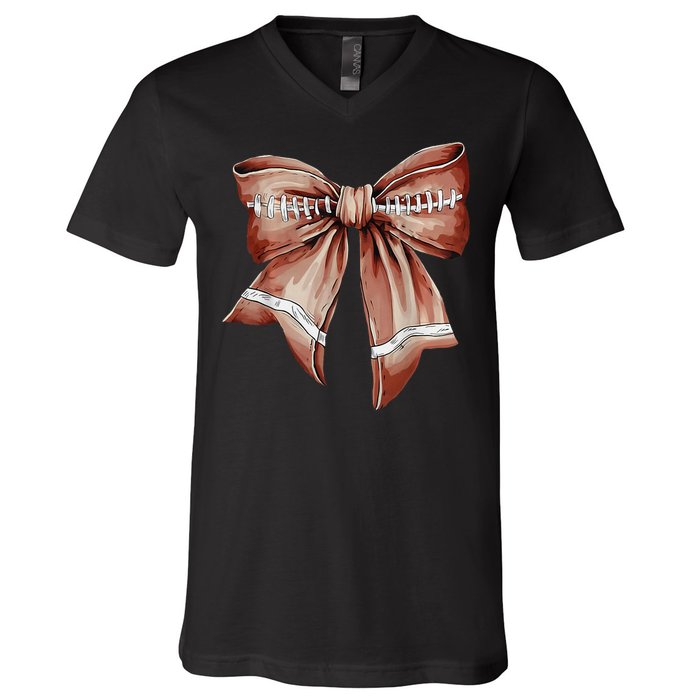 Coquette Bow Funny Football Lover Game Day Football Mom Mama V-Neck T-Shirt