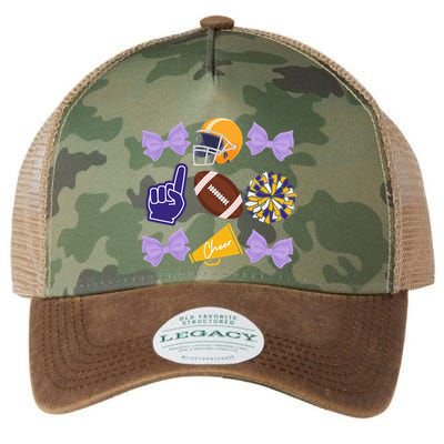 Coquette Bow Football Purple Gold Game Cheer Mom Touchdown Legacy Tie Dye Trucker Hat
