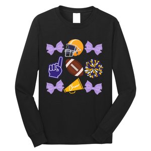 Coquette Bow Football Purple Gold Game Cheer Mom Touchdown Long Sleeve Shirt