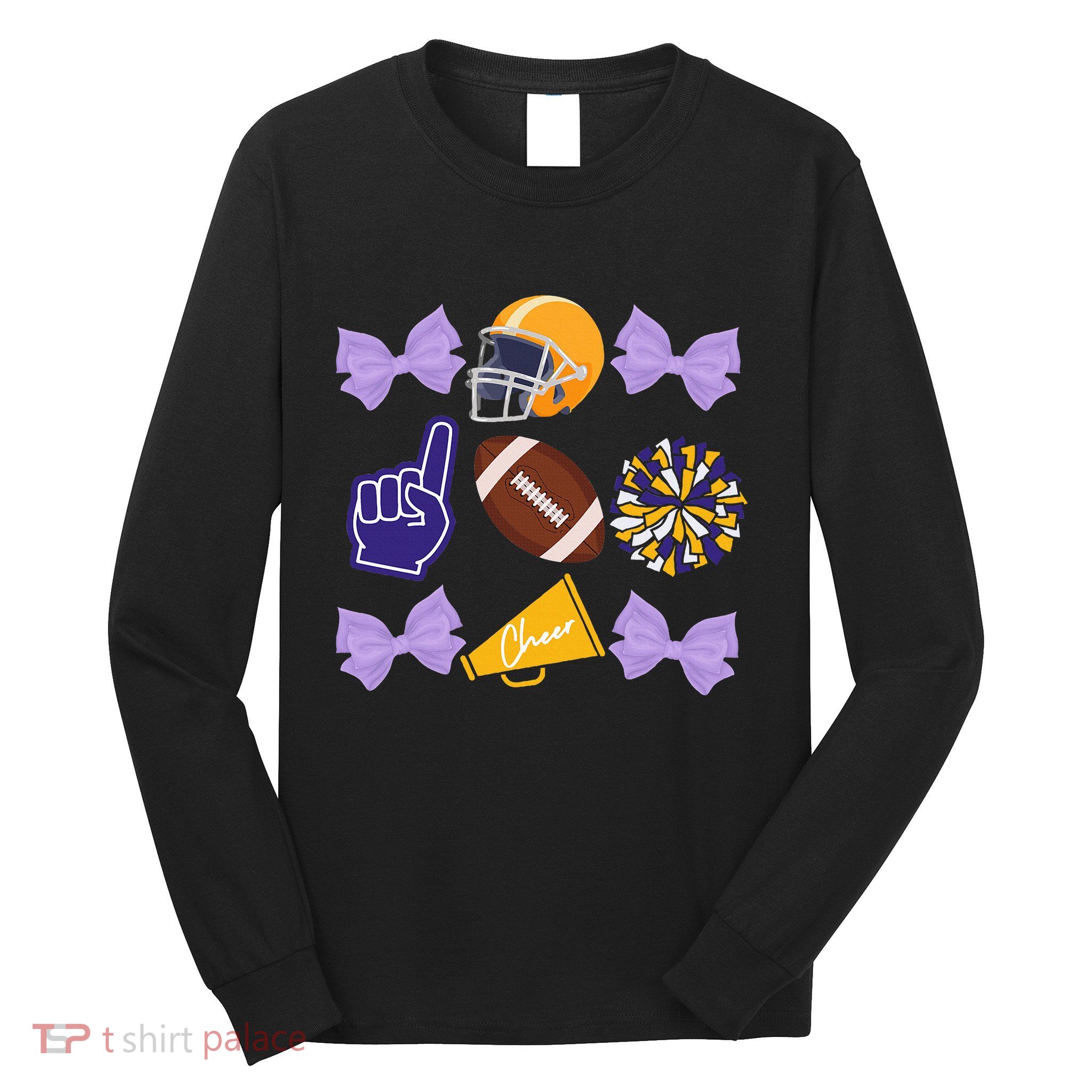 Coquette Bow Football Purple Gold Game Cheer Mom Touchdown Long Sleeve Shirt