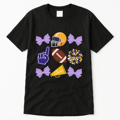 Coquette Bow Football Purple Gold Game Cheer Mom Touchdown Tall T-Shirt