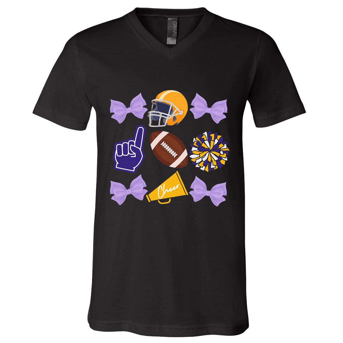 Coquette Bow Football Purple Gold Game Cheer Mom Touchdown V-Neck T-Shirt