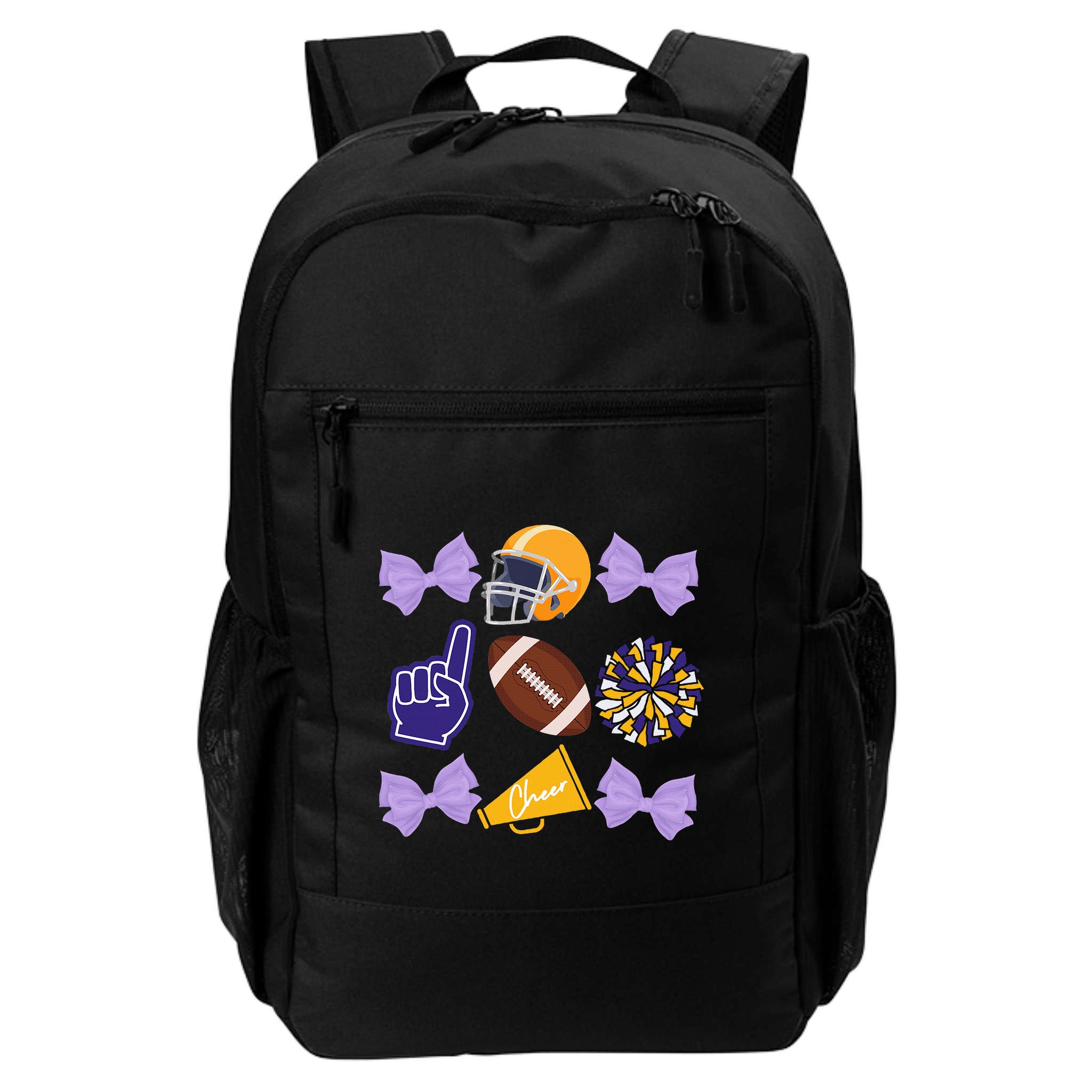 Coquette Bow Football Purple Gold Game Cheer Mom Touchdown Backpack