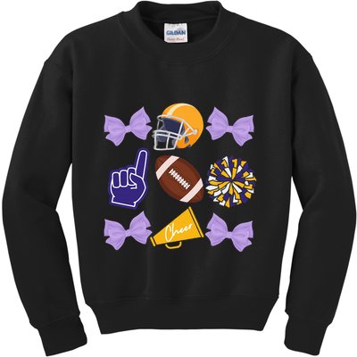 Coquette Bow Football Purple Gold Game Cheer Mom Touchdown Kids Sweatshirt