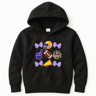 Coquette Bow Football Purple Gold Game Cheer Mom Touchdown Kids Hoodie
