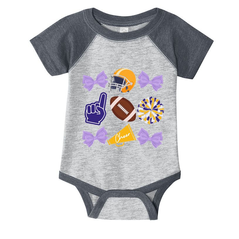 Coquette Bow Football Purple Gold Game Cheer Mom Touchdown Infant Baby Jersey Bodysuit