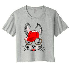 Cute Bunny Face Gift Leopard Print Glasses Red Lips Easter Gift Women's Crop Top Tee