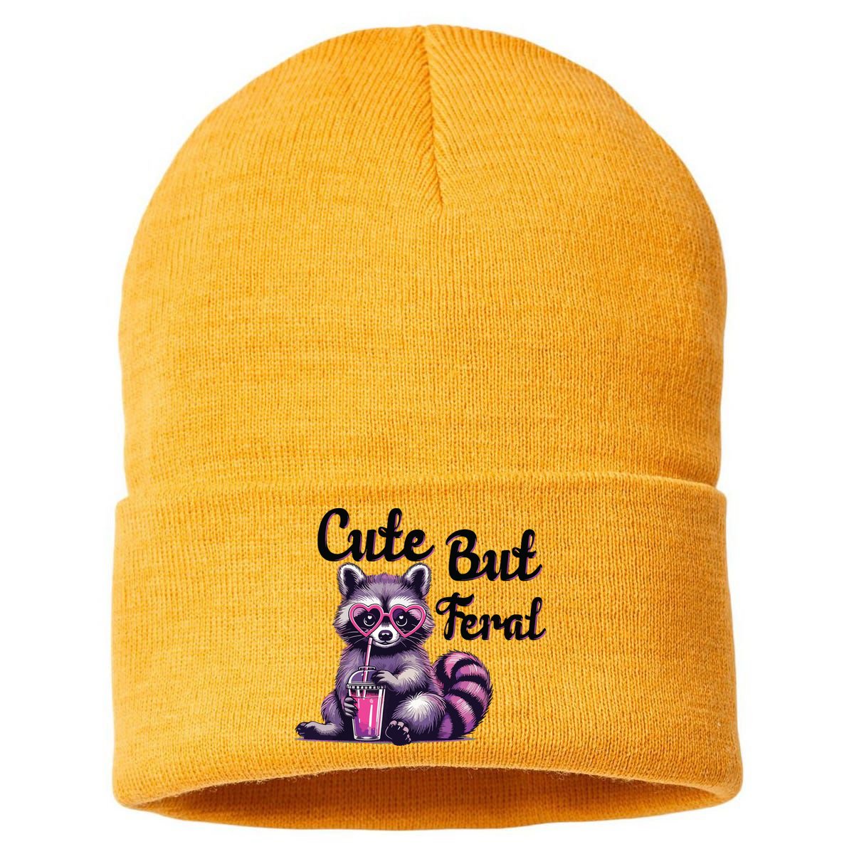 Cute But Feral Raccoon Funny Meme Sustainable Knit Beanie