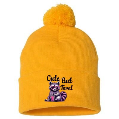 Cute But Feral Raccoon Funny Meme Pom Pom 12in Knit Beanie