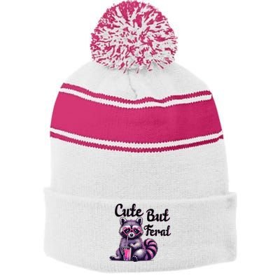 Cute But Feral Raccoon Funny Meme Stripe Pom Pom Beanie