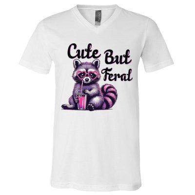 Cute But Feral Raccoon Funny Meme V-Neck T-Shirt
