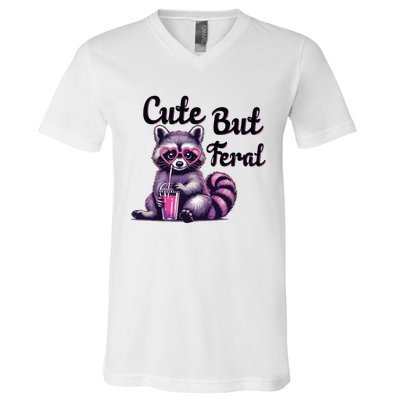 Cute But Feral Raccoon Funny Meme V-Neck T-Shirt