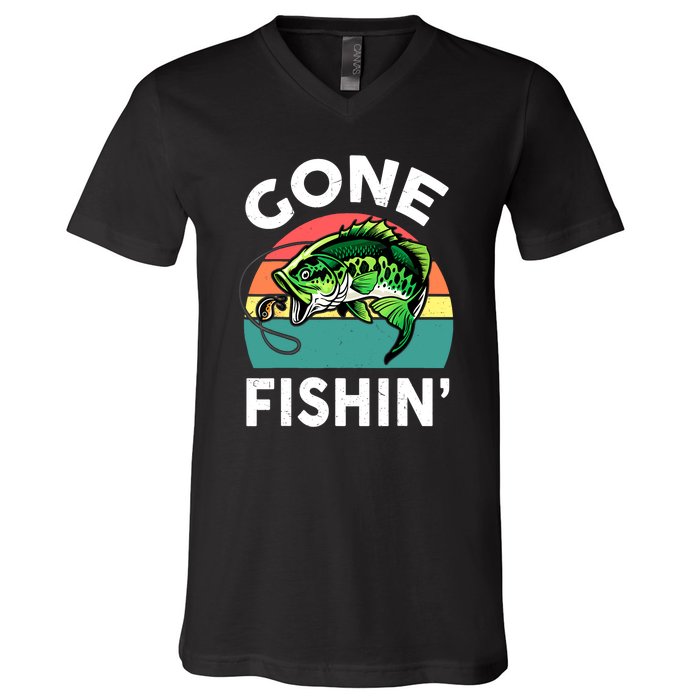 Cool Bass Fish Dad Gone Fishing Papa Funny Gift V-Neck T-Shirt