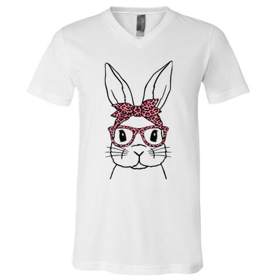 Cute Bunny Face Leopard Glasses Headband Happy Easter Day V-Neck T-Shirt