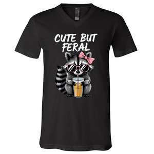 Cute But Feral Raccoon V-Neck T-Shirt