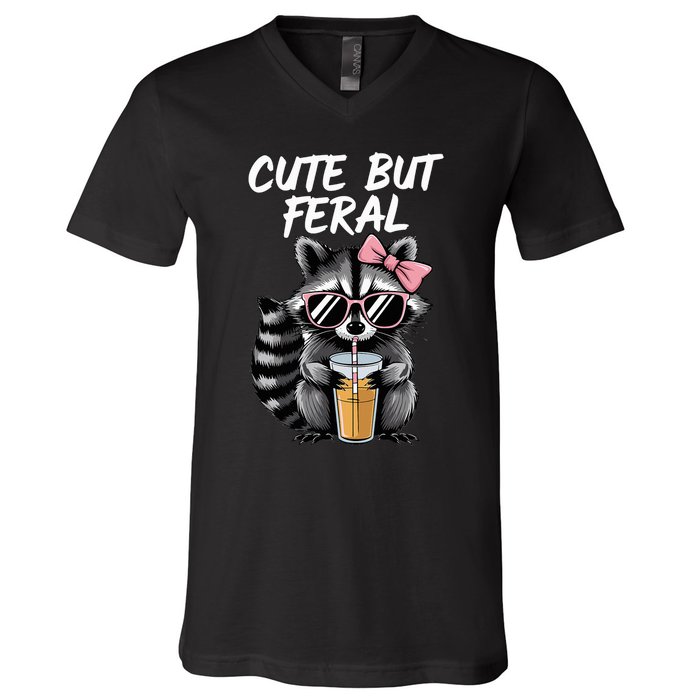 Cute But Feral Raccoon V-Neck T-Shirt