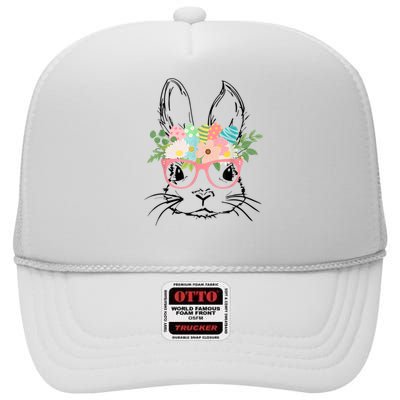 Cute Bunny Face With Pink Glasses Wo Girl Kid Easter High Crown Mesh Back Trucker Hat