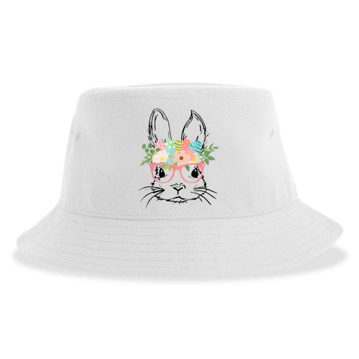 Cute Bunny Face With Pink Glasses Wo Girl Kid Easter Sustainable Bucket Hat