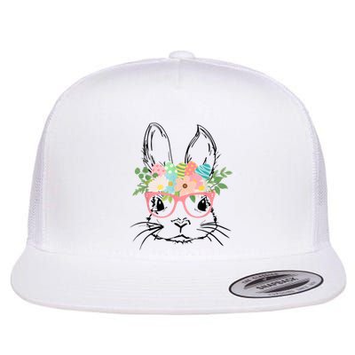 Cute Bunny Face With Pink Glasses Wo Girl Kid Easter Flat Bill Trucker Hat