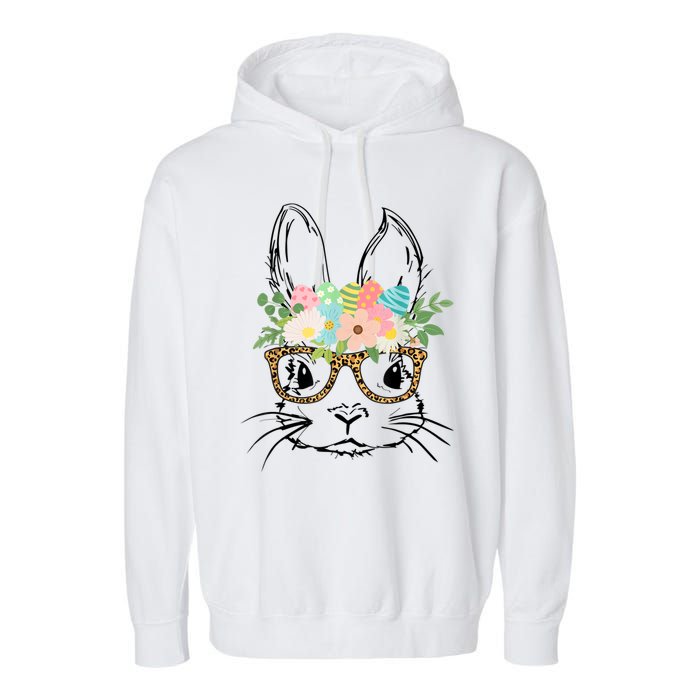 Cute Bunny Face With Leopard Glasses Wo Girl Kid Easter Garment-Dyed Fleece Hoodie