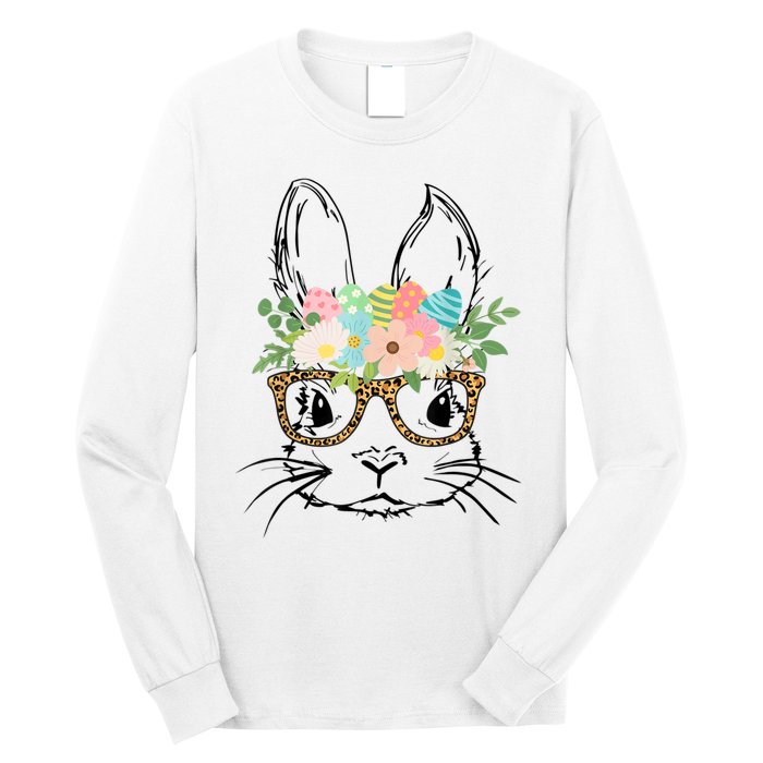 Cute Bunny Face With Leopard Glasses Wo Girl Kid Easter Long Sleeve Shirt