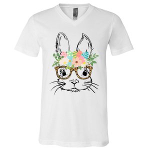 Cute Bunny Face With Leopard Glasses Wo Girl Kid Easter V-Neck T-Shirt